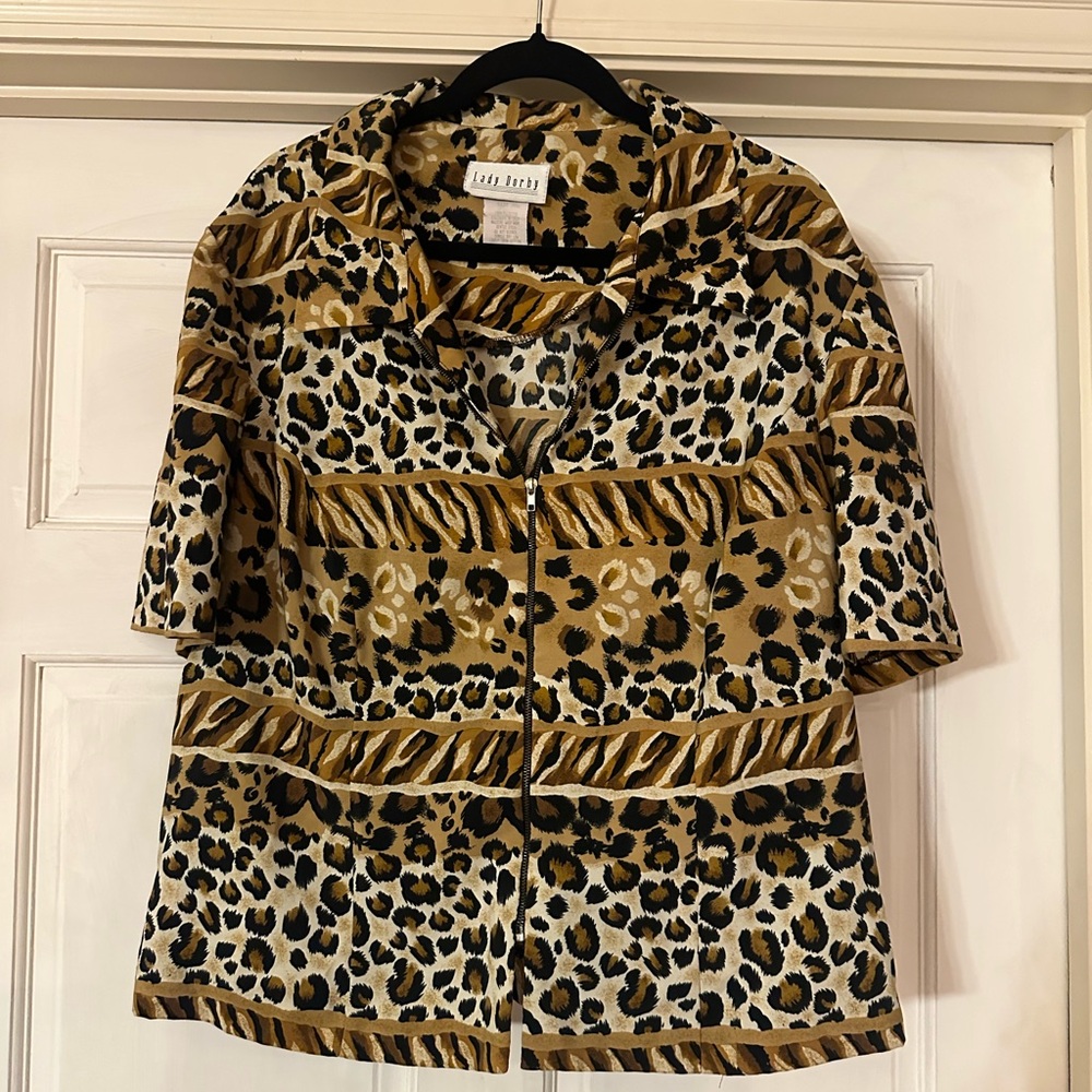 Rafaella Mixed Animal Print Zip-Front Top in Gold, Black & Cream